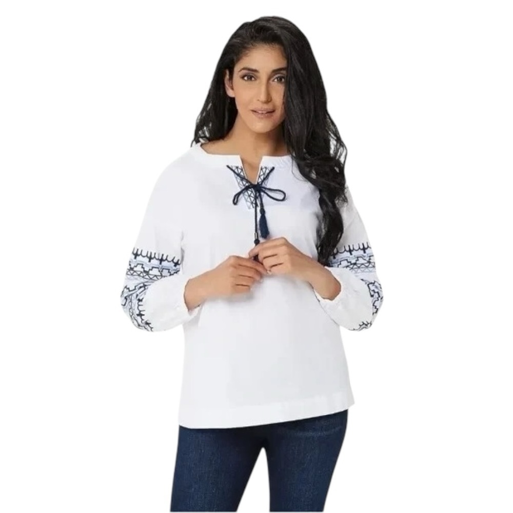 Brooke Shields White Tunic Peasant Top embroidery medium